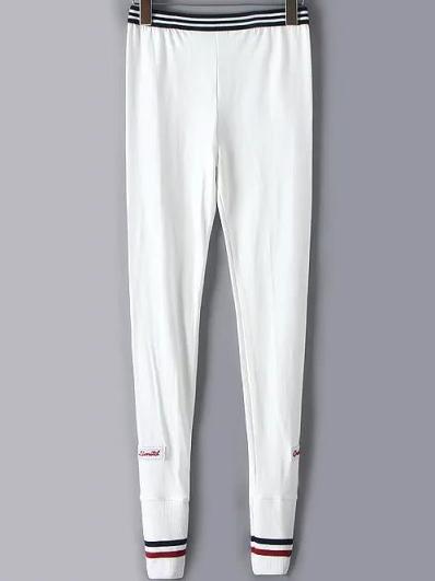 Romwe Elastic Waist Striped Letter Embroidered White Leggings