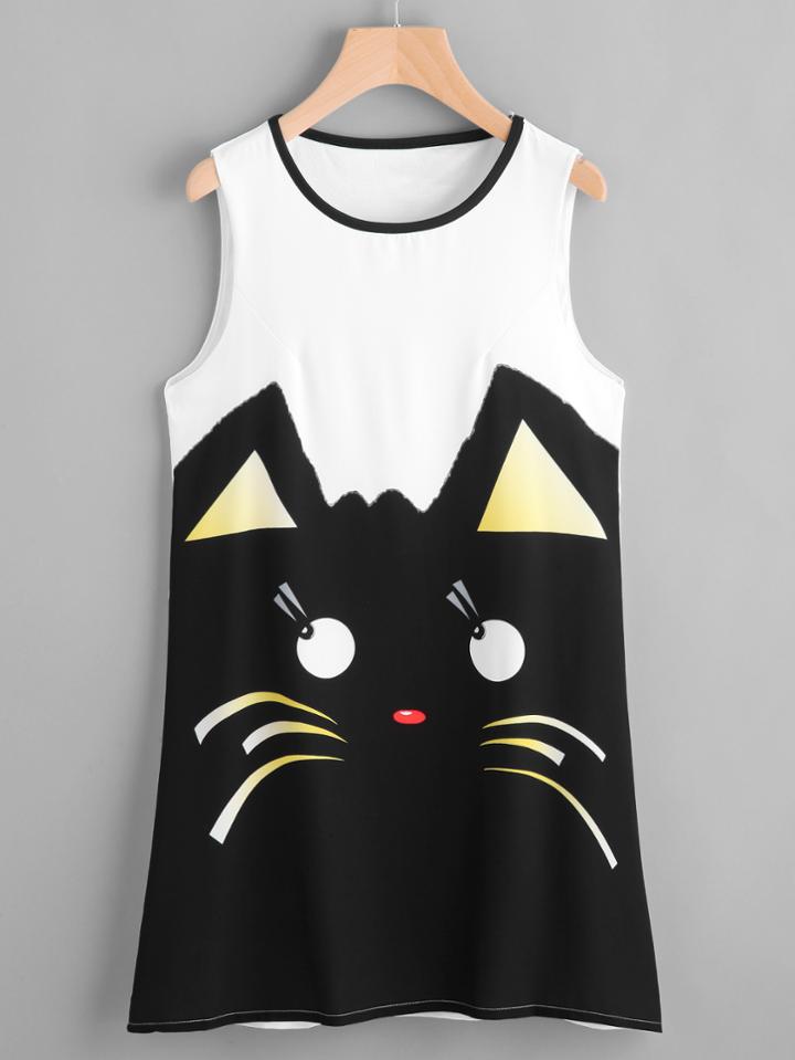 Romwe Cat Print Ringer Tank Dress