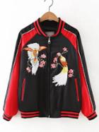 Romwe Black And Red Rib-knit Cuff Embroidery Zipper Jacket