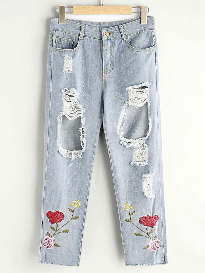 Romwe Rose Embroidered Distress Crop Jeans