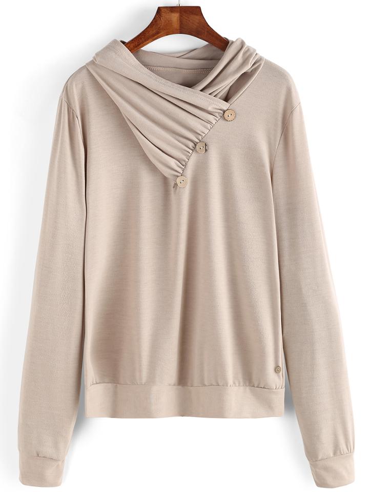 Romwe Cowl Neck Apricot Sweatshirt With Buttons