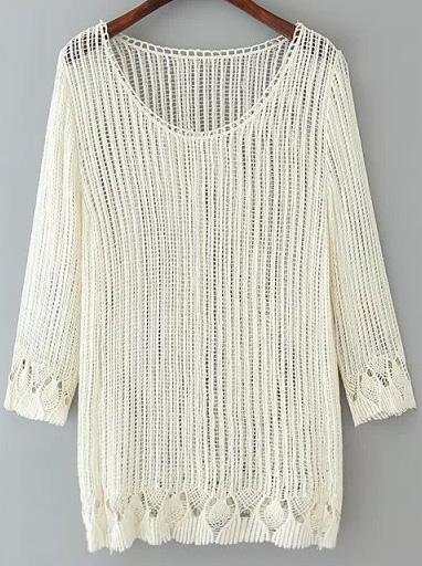 Romwe White Long Sleeve Hollow Floral Crochet Blouse