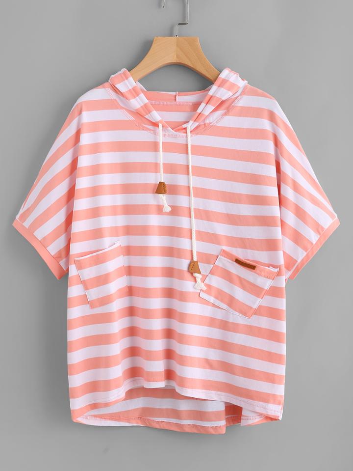 Romwe Hooded Stripe Dip Hem Tee With Dual Pockets