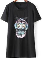 Romwe With Sequined Owl Pattern Embroidered Black T-shirt