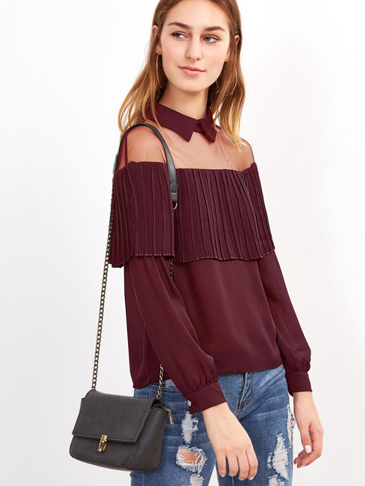 Romwe Burgundy Mesh Insert Ruffle Trim Chiffon Blouse