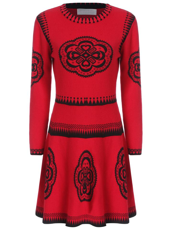 Romwe Vintage Print A-line Red Sweater Dress