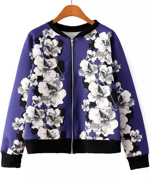 Romwe Floral Print Zipper Crop Jacket