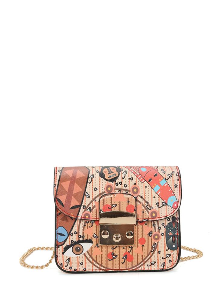Romwe Multicolor Print Flap Crossbody Bag With Chain