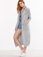 Romwe Grey Open Front Ribbed Trim Long Cardigan With Pockets
