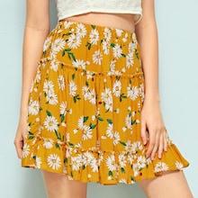 Romwe Daisy Floral Ruffle Hem Swing Skirt
