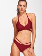 Romwe Burgundy Cross Front Halter Sexy Bikini Set