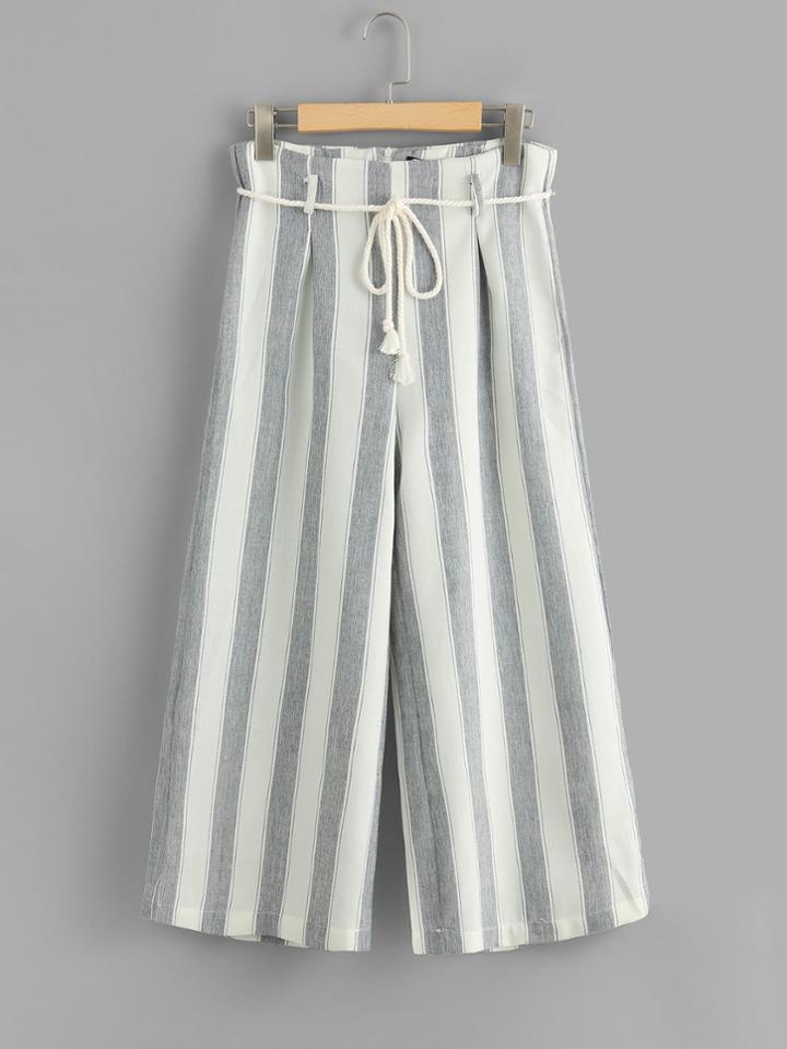 Romwe Self Tie Waist Striped Wide Leg Pants