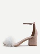 Romwe Apricot Faux Fur Ankle Strap Chunky Heeled Sandals