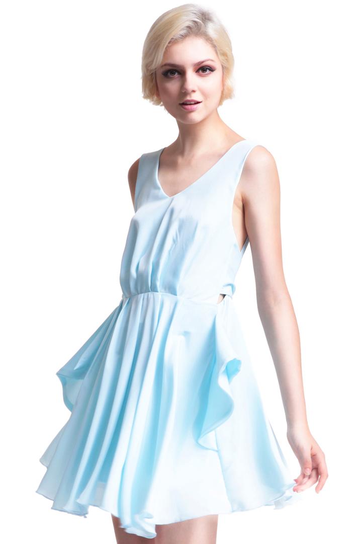 Romwe Cut-out Back Pleated Lake-blue Dress