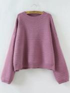 Romwe Pink Ribbed Drop Shoulder Loose Sweater