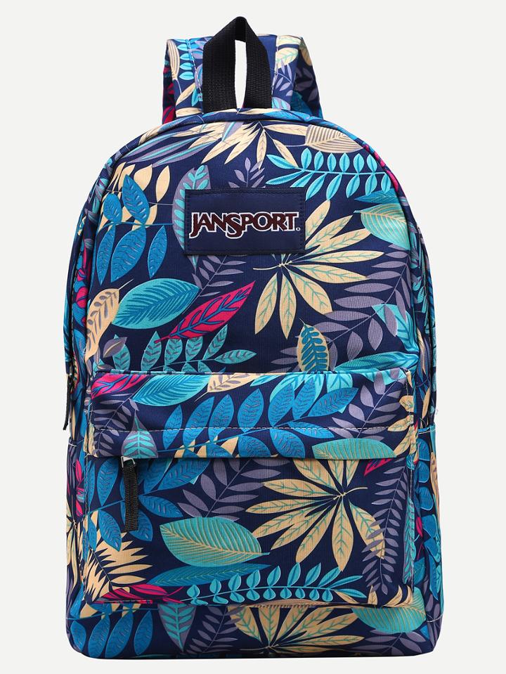 Romwe Blue Leaf Print Canvas Backpack