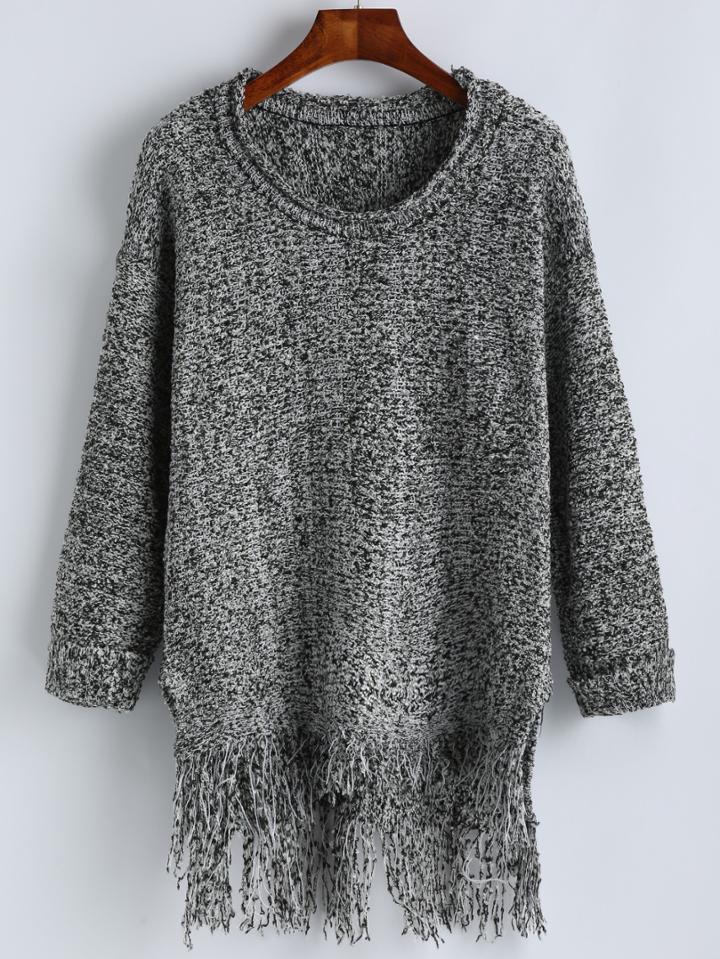 Romwe Dip Hem Fringe Grey Sweater