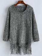 Romwe Dip Hem Fringe Grey Sweater
