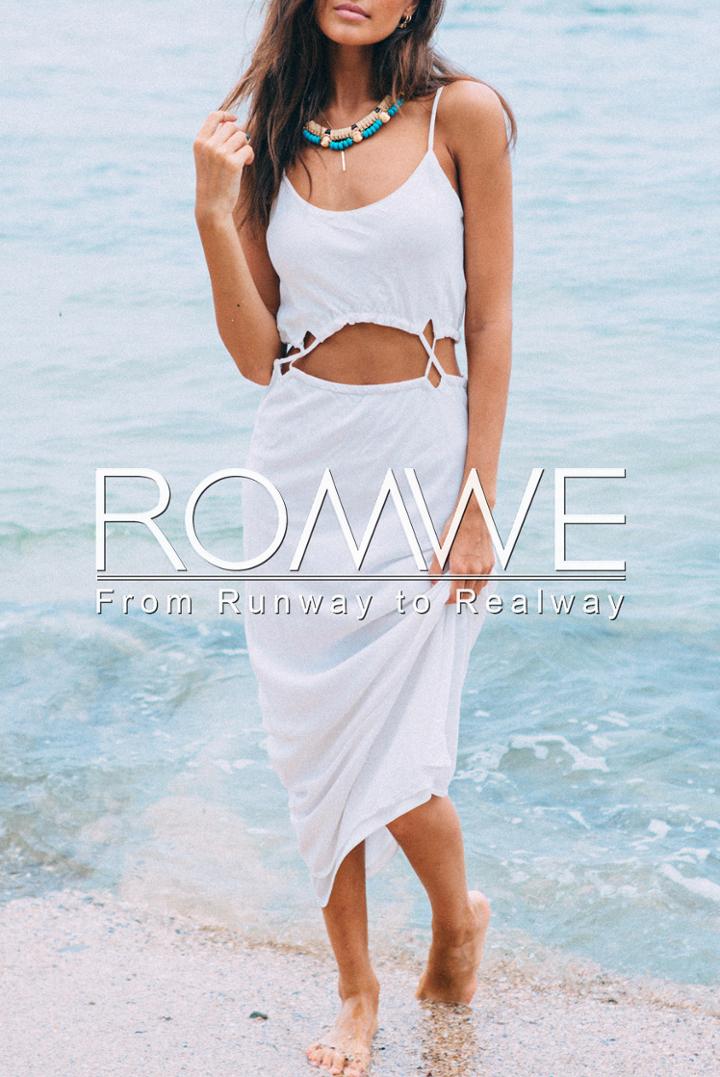 Romwe White Spaghetti Strap Cut Out Waist Maxi Dress