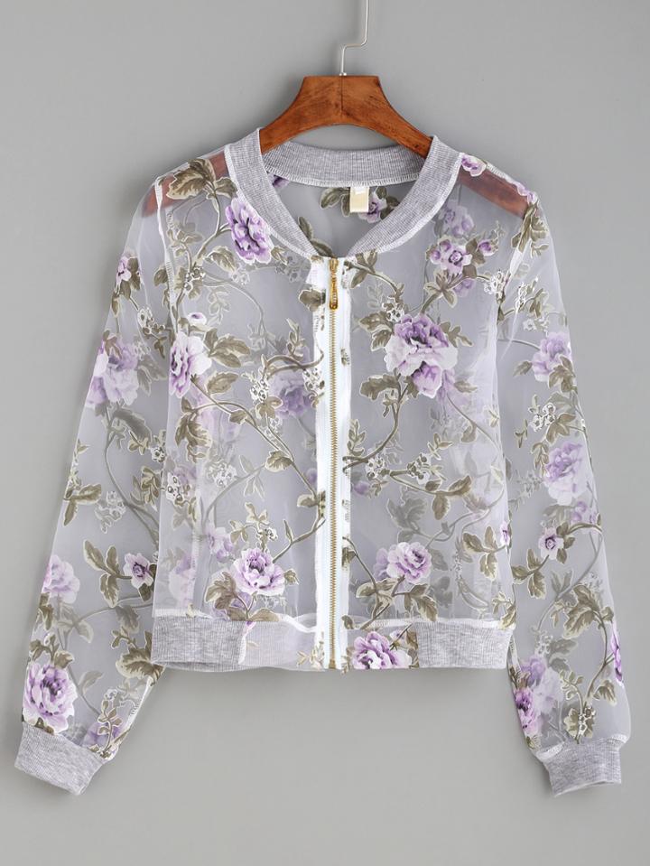 Romwe Purple Flower Print Organza Bomber Jacket
