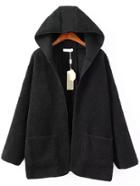 Romwe Women Hooded Fleece Black Coat