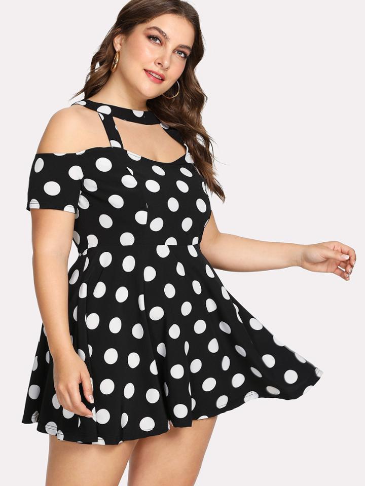 Romwe Cut Out Detail Spot Skater Dress