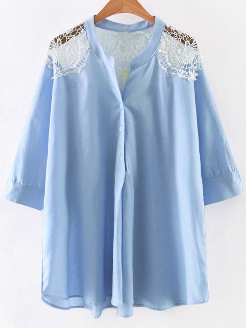Romwe Azure V Neck Crochet Lace Splicing Blouse
