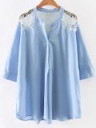 Romwe Azure V Neck Crochet Lace Splicing Blouse
