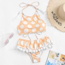 Romwe Polka Dot Tassel Decorated Pom-pom Trim Bikini Set