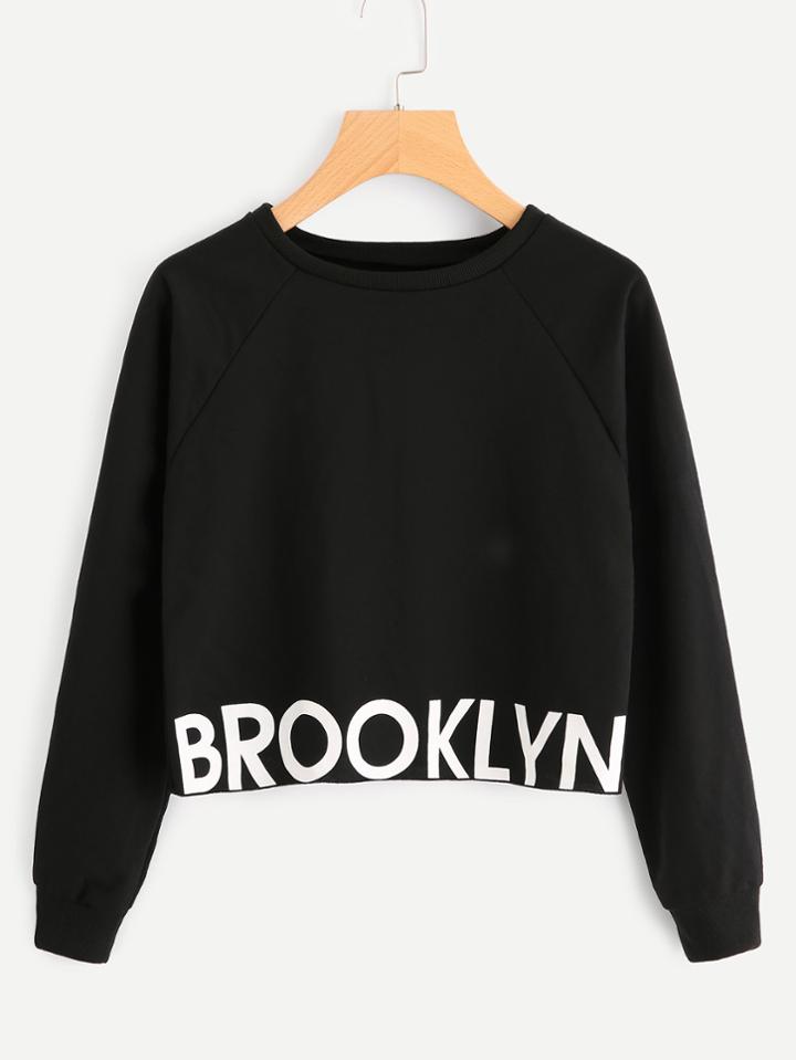 Romwe Letter Print Raglan Sleeve Crop Pullover