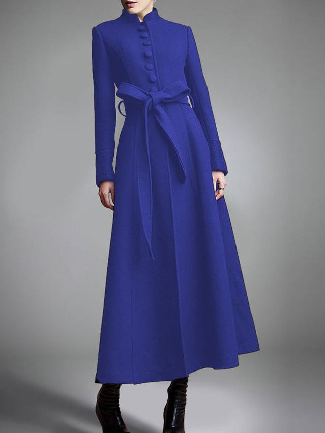 Romwe Stand Collar Buttons Belt Long Blue Coat