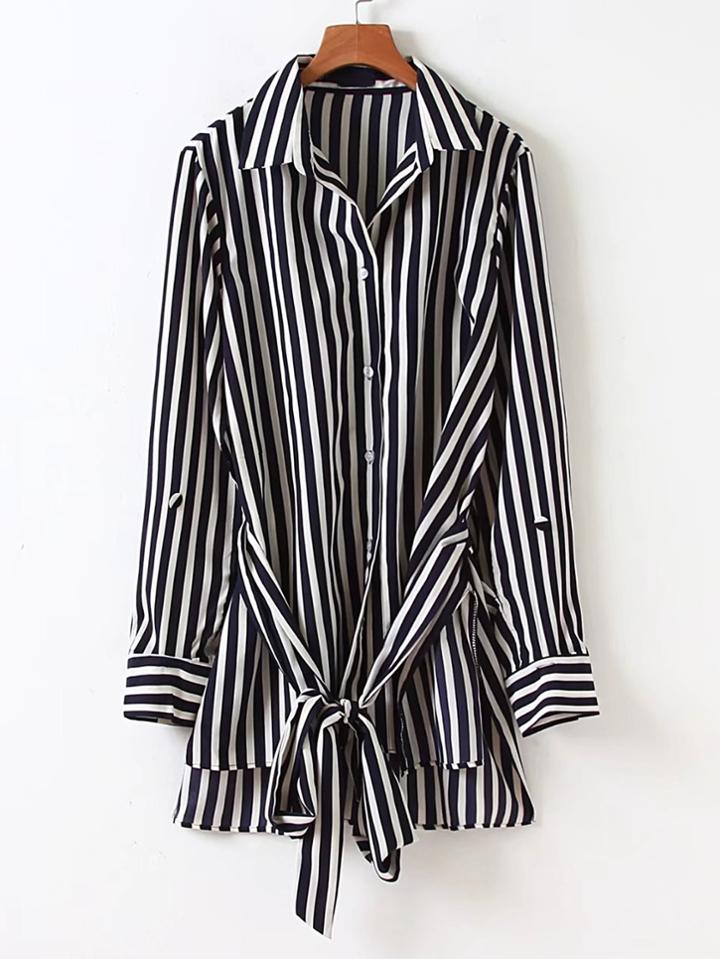 Romwe Vertical Striped High Low Shirt Dress With Self Tie
