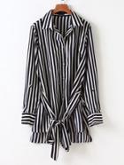 Romwe Vertical Striped High Low Shirt Dress With Self Tie
