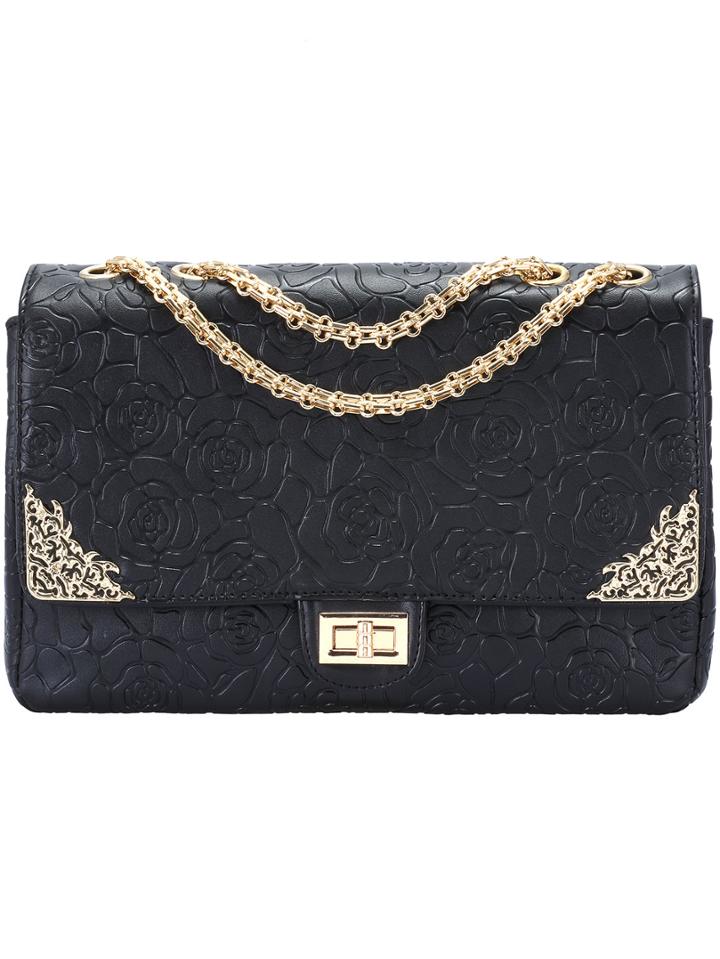 Romwe Black Rose Embossed Chain Bag