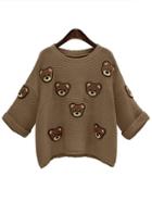 Romwe Bear Pattern Loose Khaki Sweater