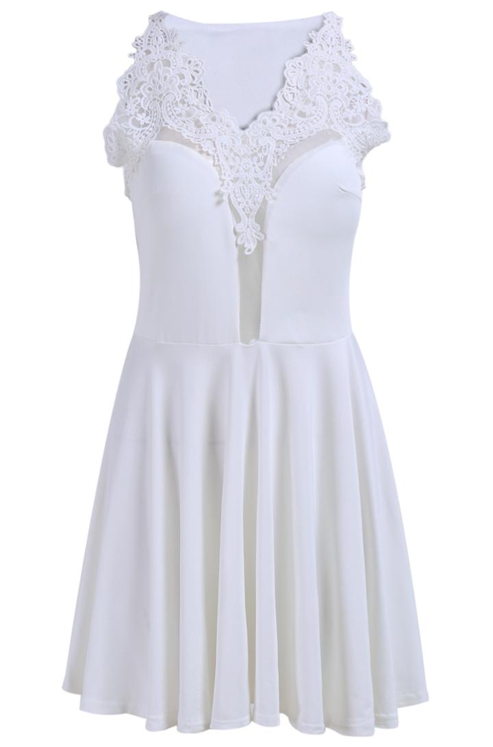Romwe V Neck Sleeveless Lace Insert Pleated Dress