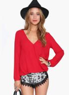 Romwe V Neck Loose Red Blouse