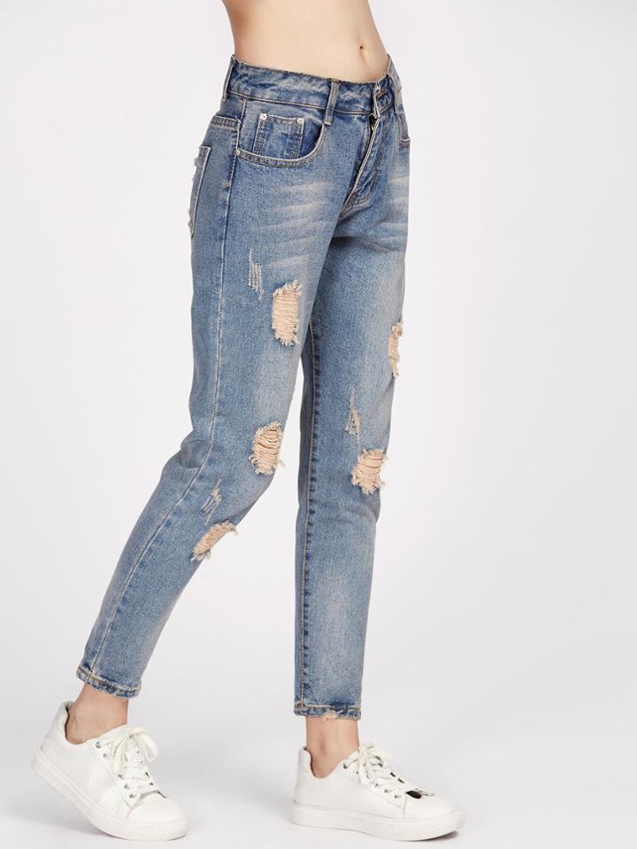 Romwe Bleach Wash Destroyed Jeans