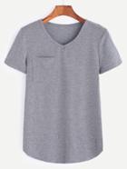 Romwe Heather Grey V Neck Curved Hem Pocket T-shirt