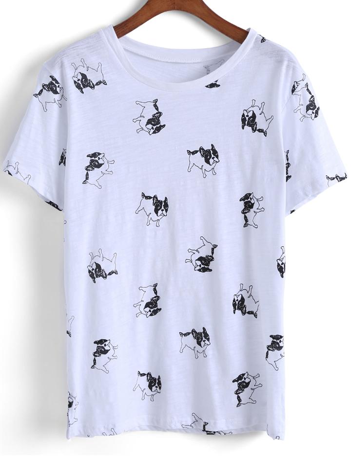 Romwe Round Neck Dog Print T-shirt