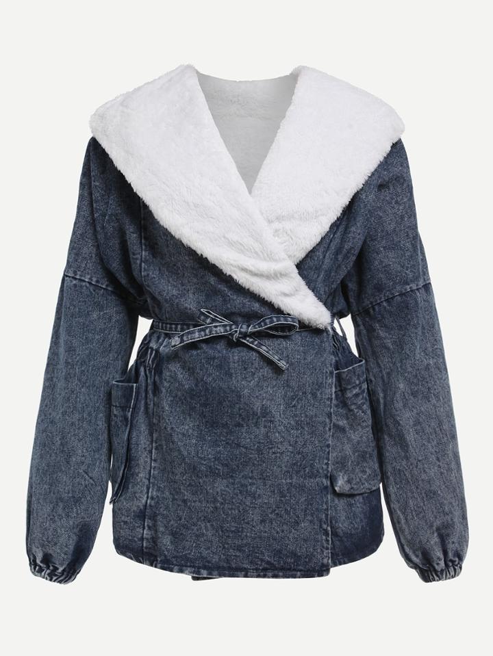 Romwe Faux Fer Lined Belted Waist Wrap Denim Coat