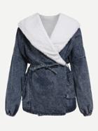 Romwe Faux Fer Lined Belted Waist Wrap Denim Coat