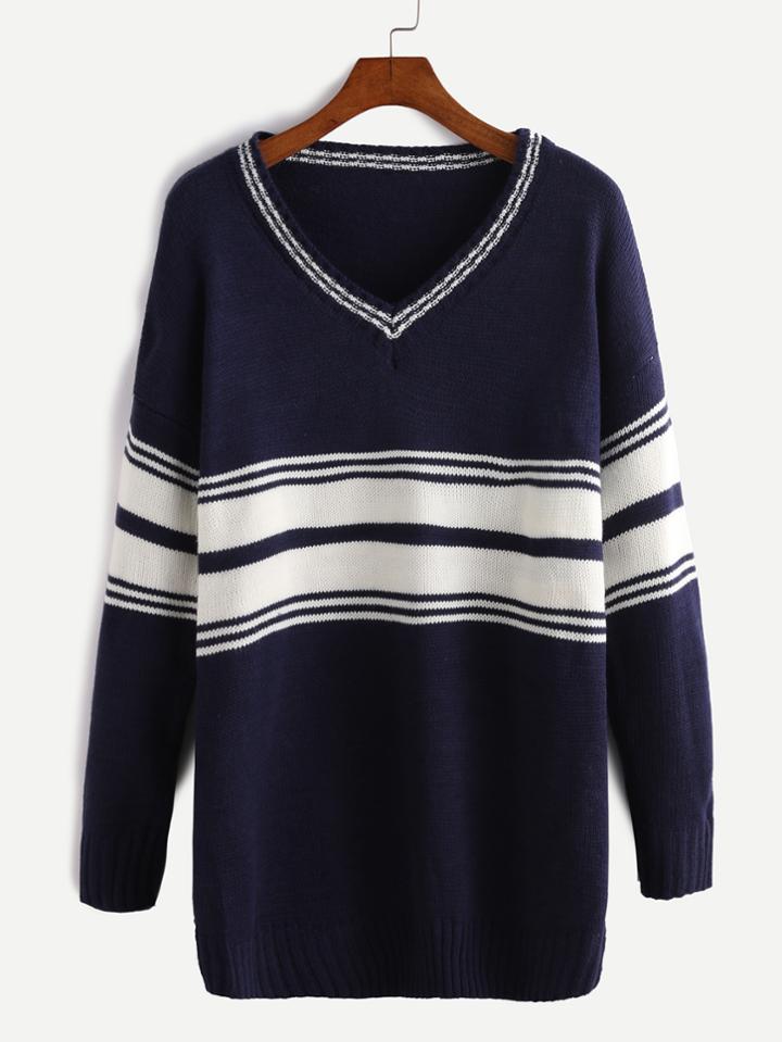 Romwe Navy Striped V Neck Dropped Shoulder Seam Sweater
