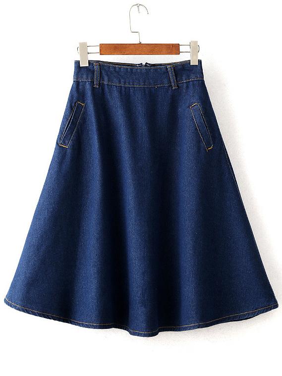 Romwe Pockets Flare Denim Skirt