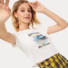 Romwe Tropical & Letter Print Tee