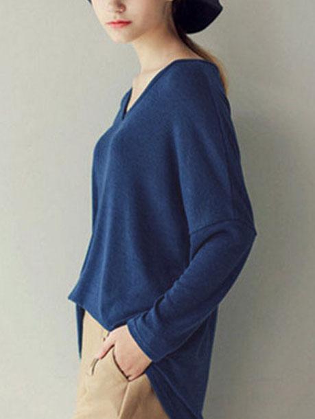 Romwe V Neck Loose Blue Sweatshirt