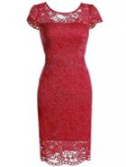 Romwe Red Round Neck Cap Sleeve Backless Lace Dress