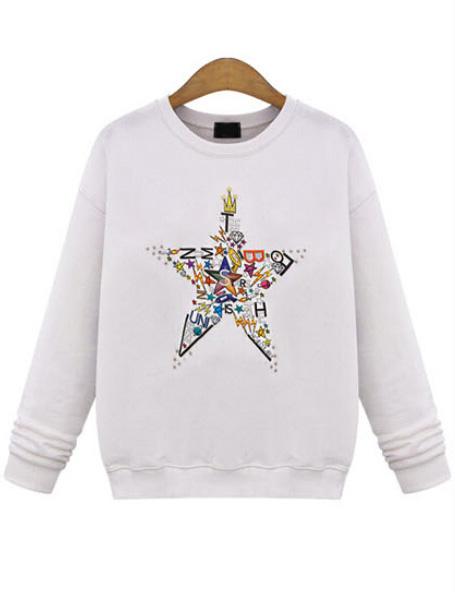 Romwe Star Print Round Neck White Sweatshirt