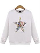 Romwe Star Print Round Neck White Sweatshirt