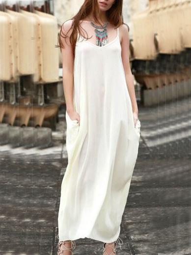 Romwe Spaghetti Strap Chiffon Maxi White Dress